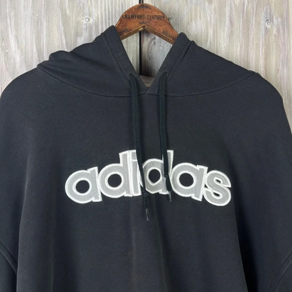 VTG Adidas Black Hoodie Sweatshirt Pullover Embroidered Logo Size 2XL‎ 90s Faded